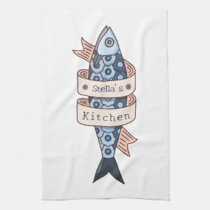 Paño De Cocina Dibujo de línea sardina personalizado