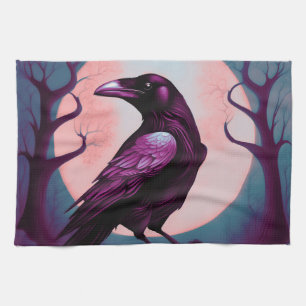Paño De Cocina Dibujo de un cuervo sobre fondo azul gris