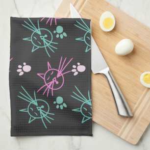Paño De Cocina Dibujos de gato lindos rosa cyan mascota negro    