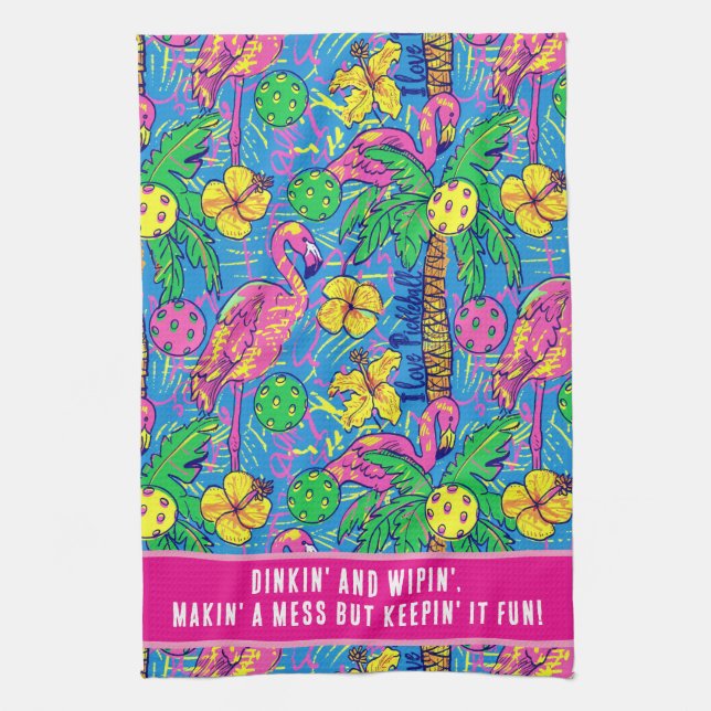 Paño De Cocina Dinkin divertido y Wipin', pickleball tropical, (Vertical)