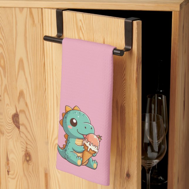 Paño De Cocina Dino de comer helado lindo (Pliegue de tercios)