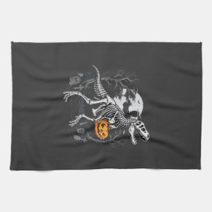 Paño De Cocina Dinosaurio Esqueleto Halloween Calabaza Cementerio