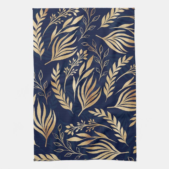 Paño De Cocina Diseño azul botánico del floliage dorado clásico (Vertical)