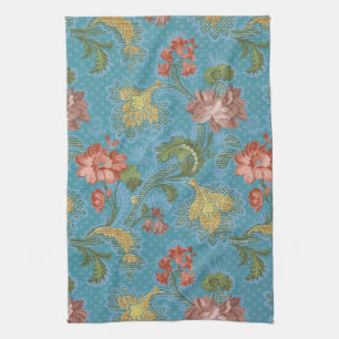Paño De Cocina Diseño de brocado dorado floral damasco azul antig