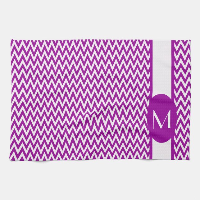 Paño De Cocina Diseño de Chevron Purple Elegante con monograma (Horizontal)