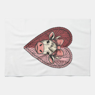 Paño De Cocina Diseño de grabado vintage de corazón de vaca lindo