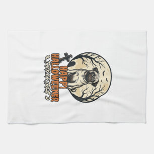 Paño De Cocina Diseño de grabado vintage de Pug Halloween Truco o