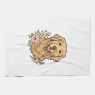 Paño De Cocina Diseño de grabado vintage floral de Golden Retriev