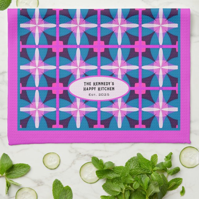 Paño De Cocina Diseño de Kaleidoscopio Floral Azul Rosa de los Añ (Doblado)