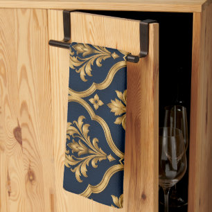 Paño De Cocina Diseño de Motivo Vintage de Damasco Dorado y Azul