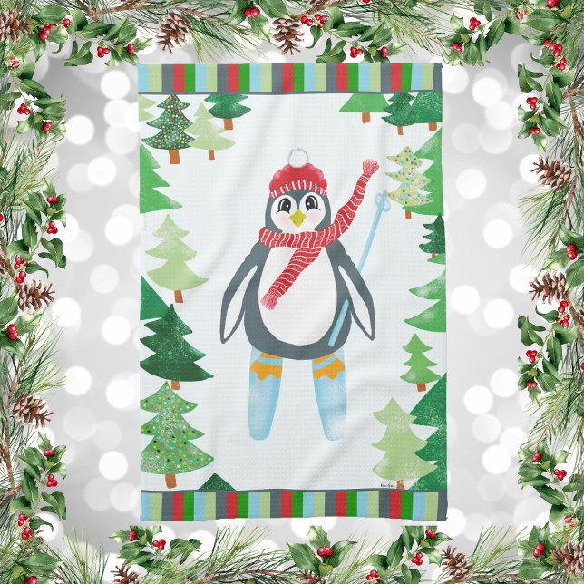 Paño De Cocina Diseño de Navidades de esquí pingüino festivo (Winter Holiday Penguin Skiing on a Mountain Of Christmas Trees Kitchen Towel)