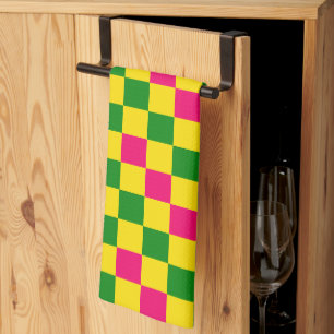 Paño De Cocina Diseño de Patrón de Cuadros Rosado Amarillo Verde