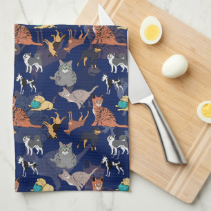Paño De Cocina Diseño de patrón de gatos y perros sobre azul