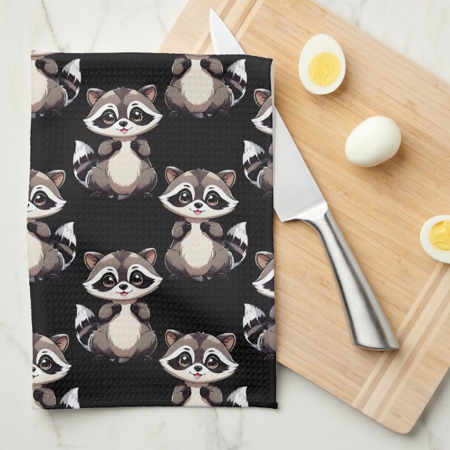 Paño De Cocina Diseño de patrón de mapache negro  (Doblado Cuarto)