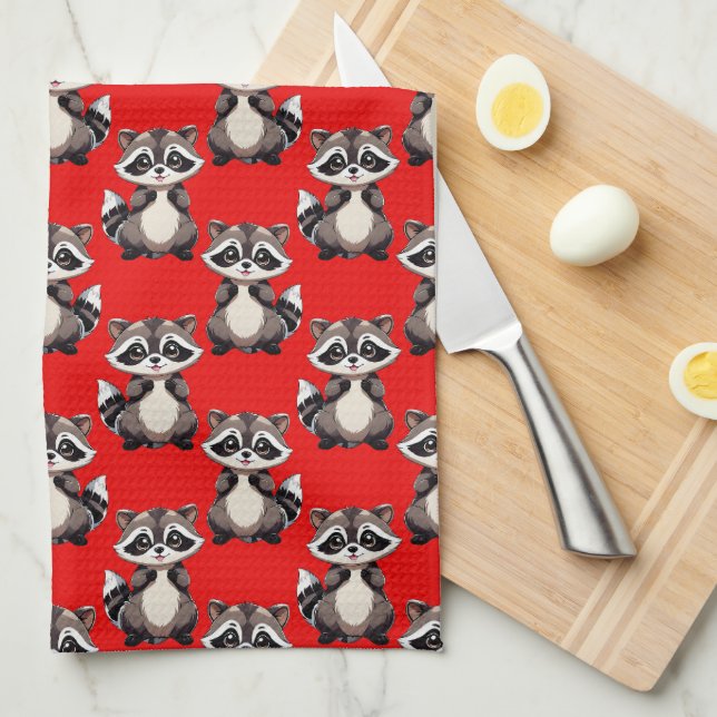 Paño De Cocina Diseño de patrón de mapache rojo  (Doblado Cuarto)
