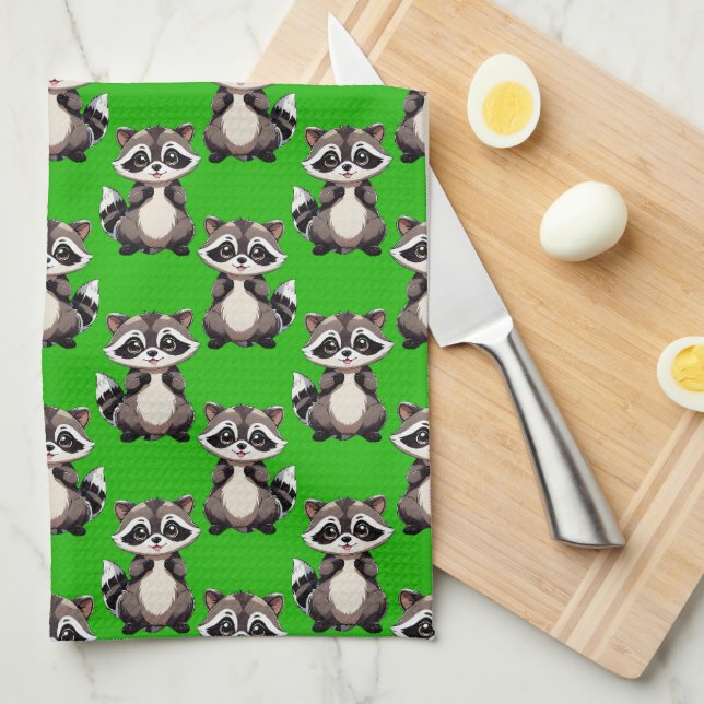Paño De Cocina Diseño de patrón de mapache verde  (Doblado Cuarto)