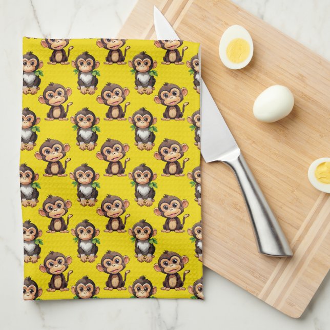 Paño De Cocina Diseño de patrón de mono amarillo  (Doblado Cuarto)