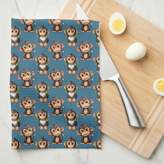Paño De Cocina Diseño de Patrón de Mono Azul  (Doblado Cuarto)