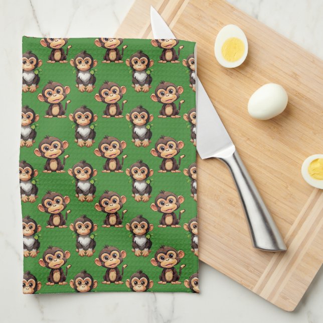Paño De Cocina Diseño de patrón de mono verde  (Doblado Cuarto)