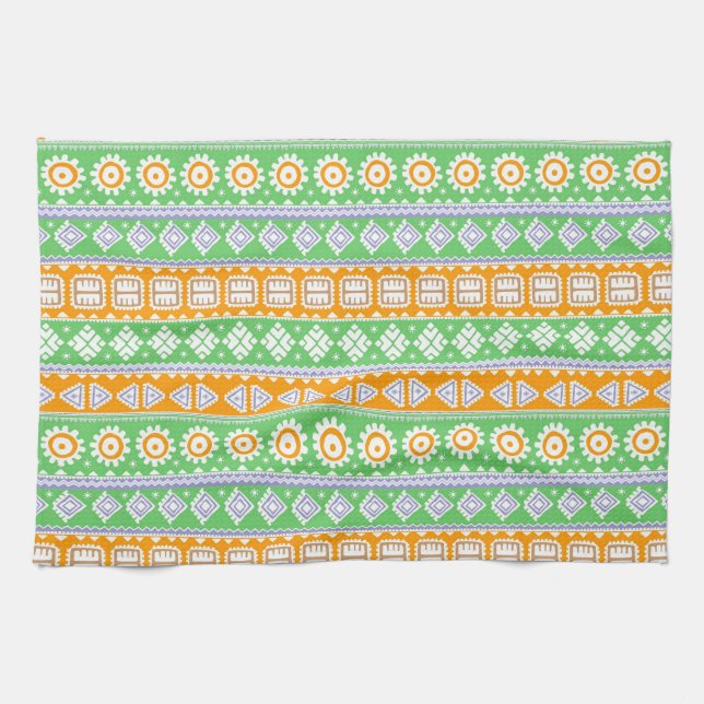 Paño De Cocina Diseño de patrones étnicos verdes naranjas (Horizontal)