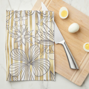 Paño De Cocina Diseño de rayas doradas con garabatos florales gri