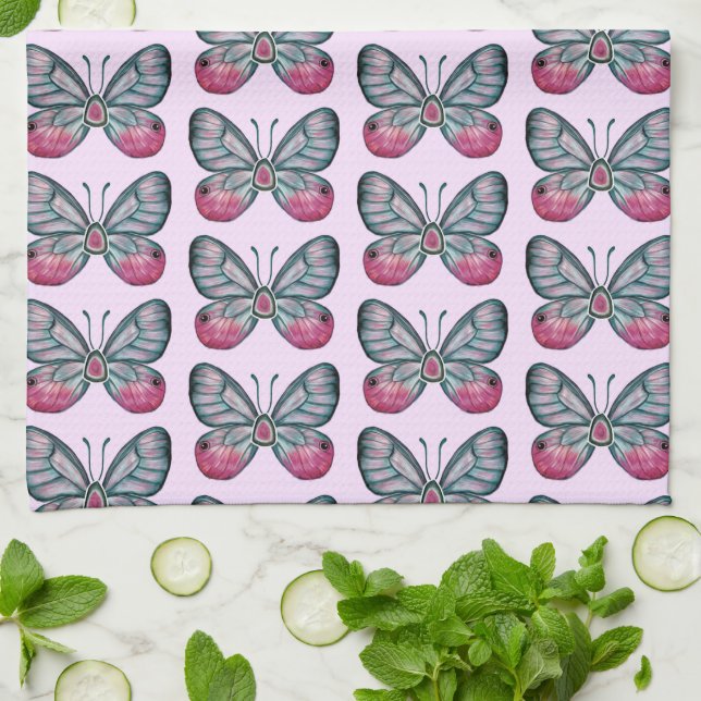 Paño De Cocina Diseño del patrón de mariposa de vidrio rosado de  (Doblado)