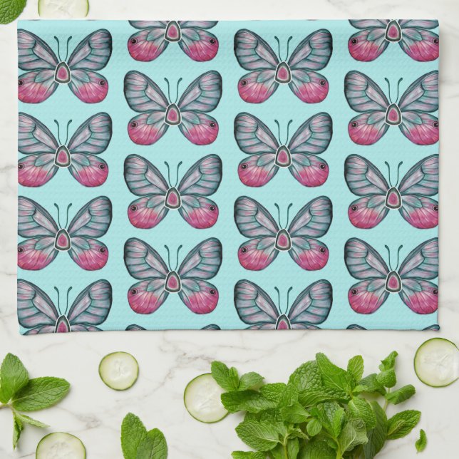 Paño De Cocina Diseño del patrón de mariposa de vidrio Verde azul (Doblado)