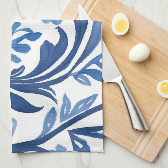 Paño De Cocina Diseño floral azul y blanco | Patrón de Chinoiseri (Doblado Cuarto)