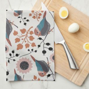 Paño De Cocina Diseño floral con patrones de aves y cerezos