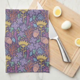 Paño De Cocina Diseño floral retro con flores y frutas.
