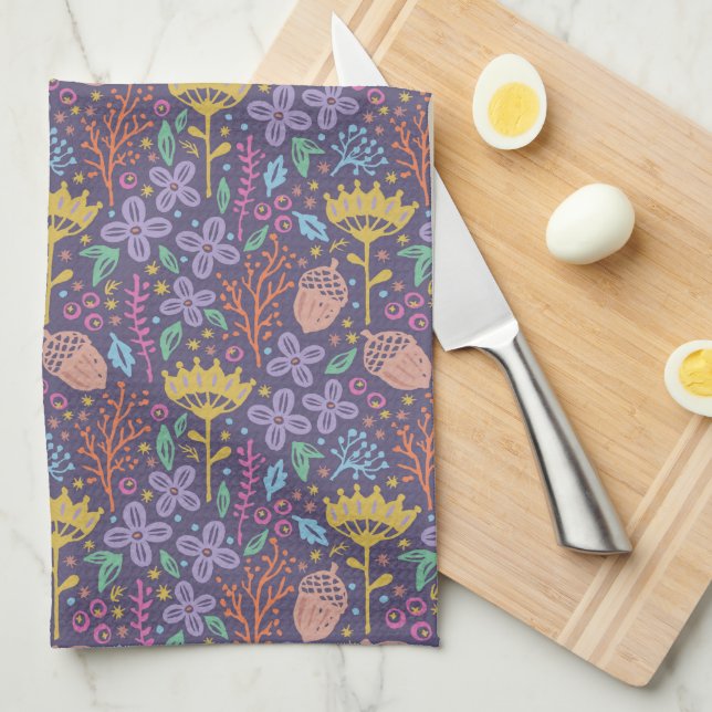 Paño De Cocina Diseño floral retro con flores y frutas. (Doblado Cuarto)
