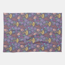 Paño De Cocina Diseño floral retro con flores y frutas.