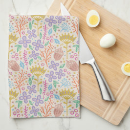 Paño De Cocina Diseño floral retro con flores y frutas.