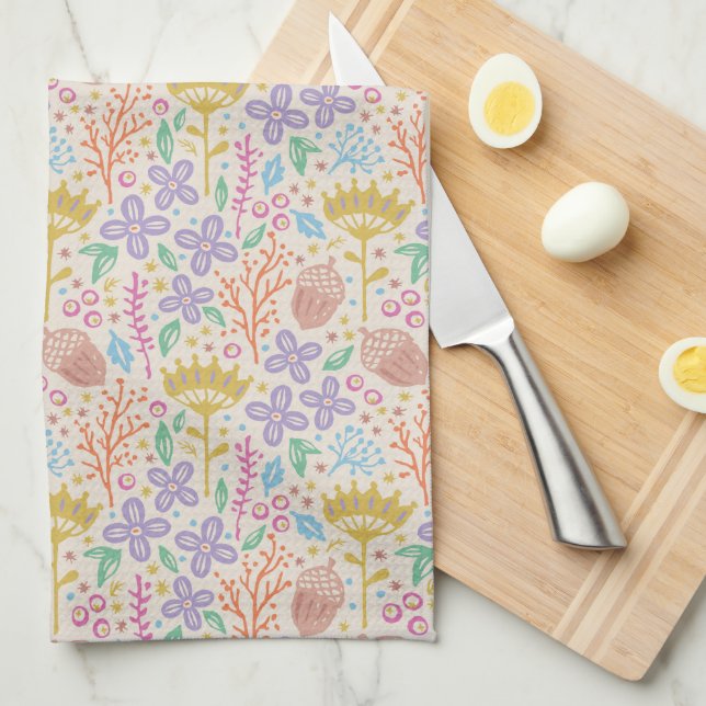 Paño De Cocina Diseño floral retro con flores y frutas. (Doblado Cuarto)