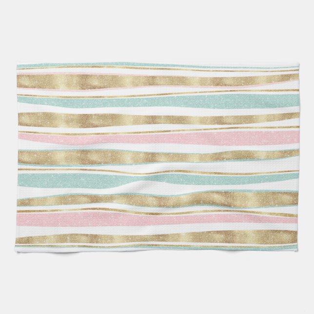 Paño De Cocina Diseño rosado de tiras de oro finas (Horizontal)