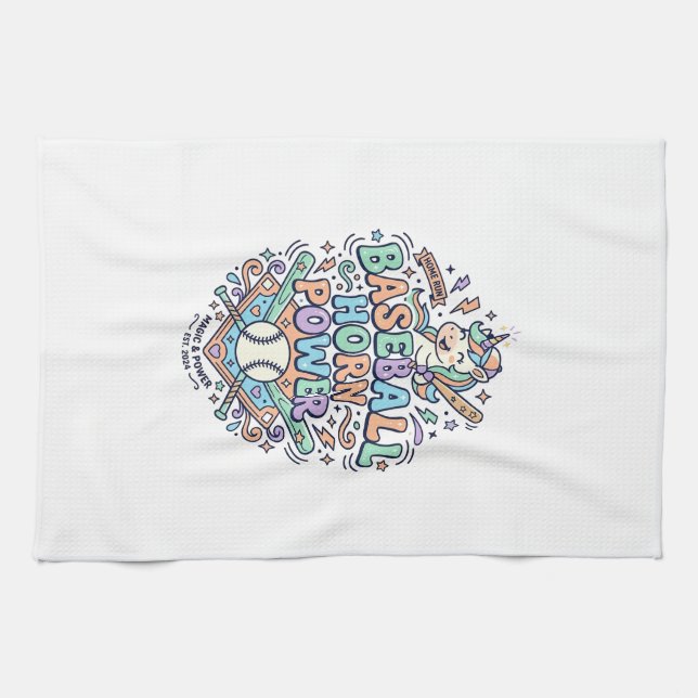 Paño De Cocina Diseño Vector Kawaii Poder Cuerno Béisbol Unicorni (Horizontal)