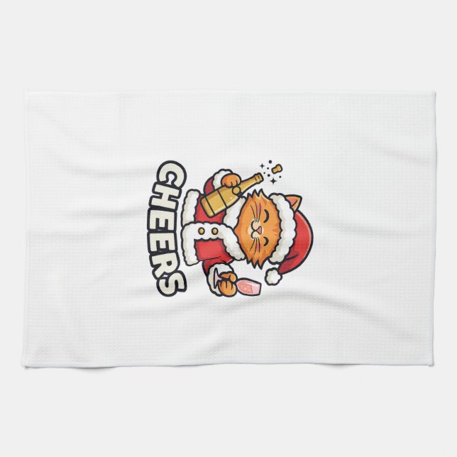 Paño De Cocina Diseño Vectorial de Gato de Navidad Feliz (Horizontal)