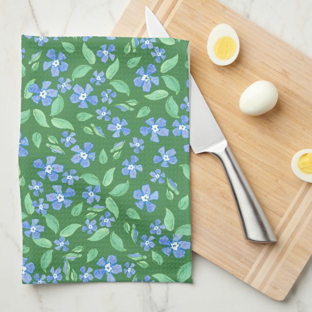 Paño De Cocina Ditsy Blue Periwinys en floral verde (Doblado Cuarto)