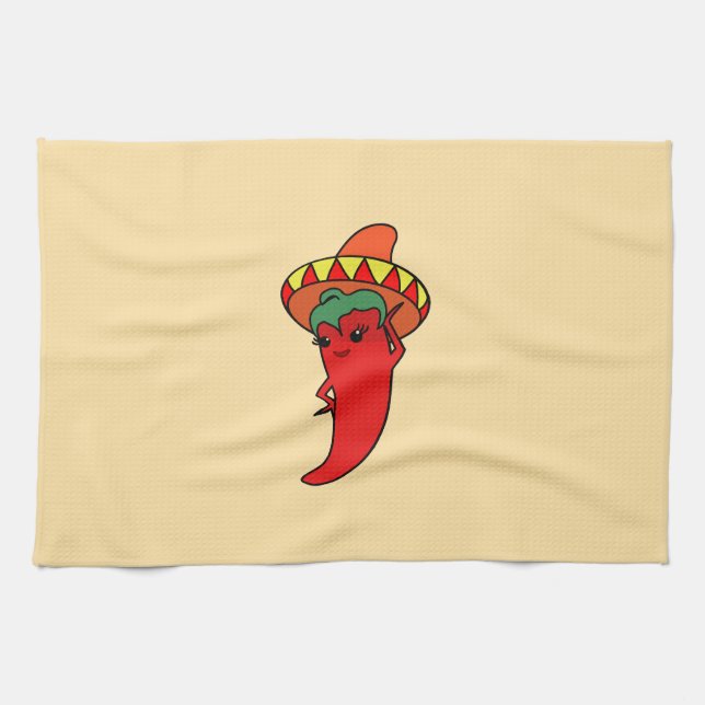 Paño De Cocina Diva de Pimienta Kawaii Al Rojo Vivo (Horizontal)