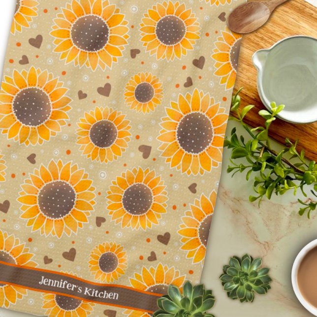 Paño De Cocina Divertido Happy Sunflower Hearts Custom Name Styli (Subido por el creador)