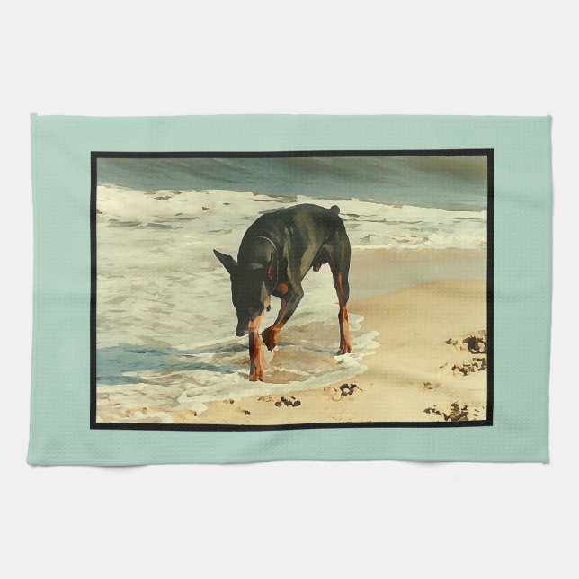 Paño De Cocina Doberman en la imagen de la pintura de la playa (Horizontal)