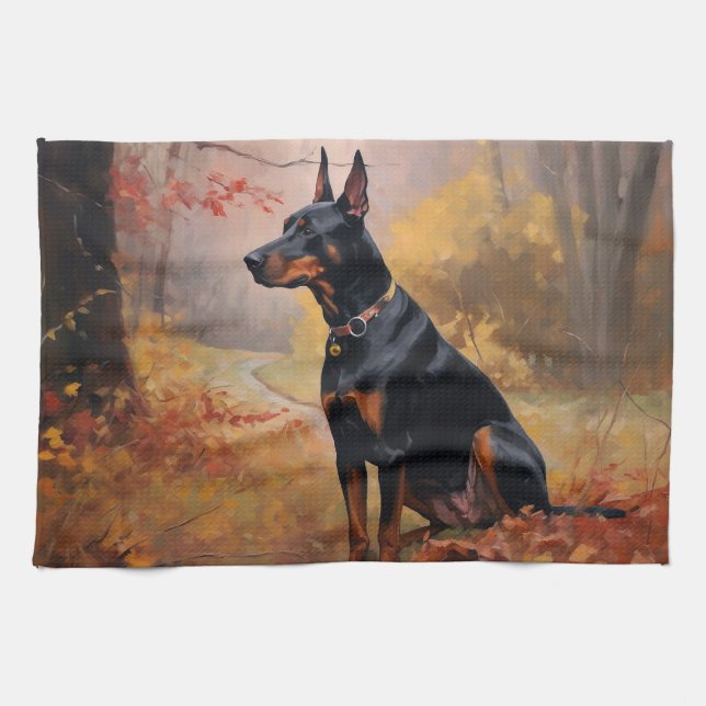 Paño De Cocina Doberman en otoño se inspira en las hojas (Horizontal)