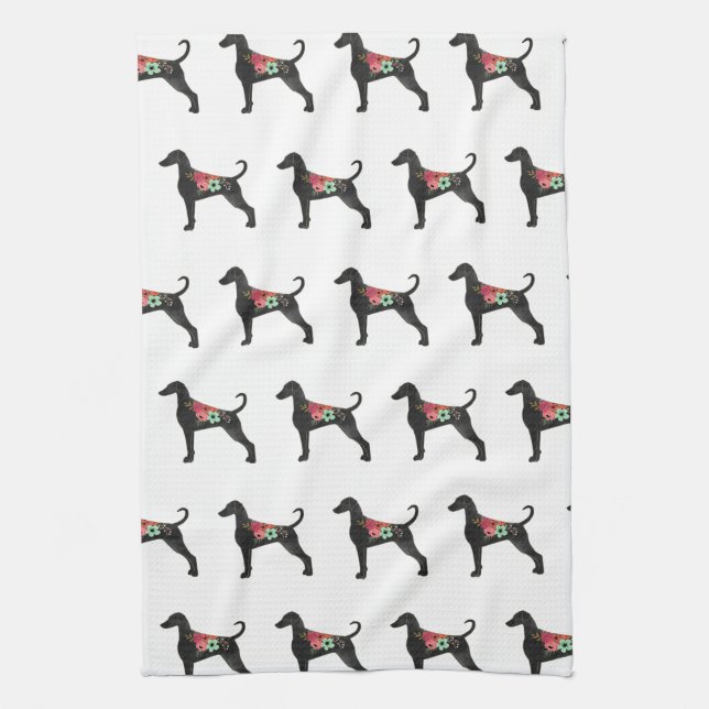 Paño De Cocina Doberman Pinscher Dog Raza Silhouette Boho Floral (Vertical)