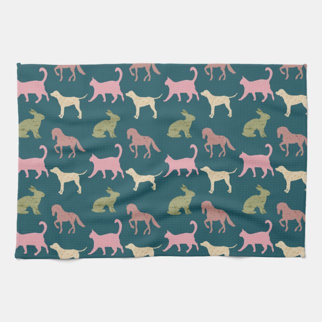 Paño De Cocina Dog Cat Horse Animal Silhouettes Pattern (Horizontal)