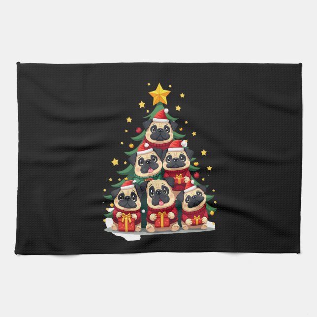 Paño De Cocina Dog Pugs Christmas Tree Cute Xmas (1) (Horizontal)