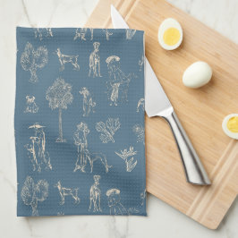 Paño De Cocina Dogs Lady Toile de Jouy Turquoise oscuro