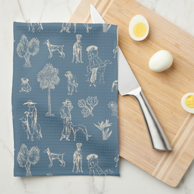 Paño De Cocina Dogs Lady Toile de Jouy Turquoise oscuro (Doblado Cuarto)