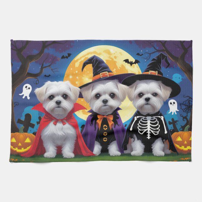 Paño De Cocina Dogs malteses Calabaza Halloween Divertido (Horizontal)