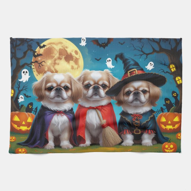 Paño De Cocina Dogs pekingeses Calabaza Halloween Graciosa (Horizontal)