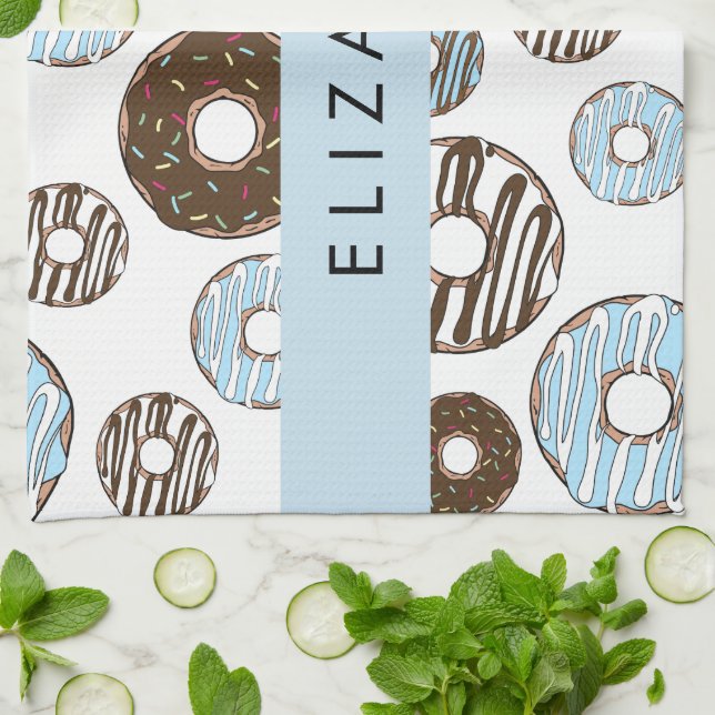 Paño De Cocina Donuts azules, donuts marrones, rociadores, tu nom (Doblado)